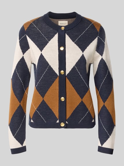 Productfoto, Regular Fit Strickjacke aus reiner Wolle van GANT voor Dames, donkerblauw, bruin en beige geblokt patroon, fijne textuur