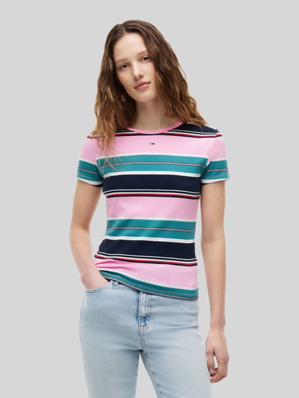 Tommy Jeans Slim Fit T-Shirt aus Baumwoll-Mix in Rippstrick Pink 4