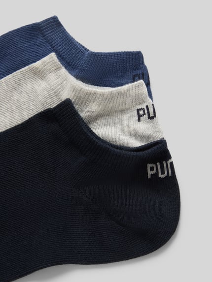 Produktfoto, Sneakersocken mit Logo im 3er-Pack von PUMA für Herren aus Baumwoll-Mix mit Stretch-Anteil, körpernahe Passform, blaue und graue Farbtöne