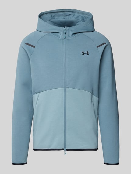 Produktfoto, Kurtka treningowa z zamkiem błyskawicznym dwustronnym, kaptur, mieszanka bawełny, kolor jasnoniebieski, krój regular fit, Model 'Unstoppable' od Under Armour, długość tyłu 71 cm, długość rękawów 60 cm