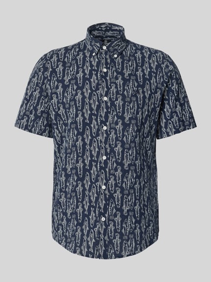 Produktfoto, Regular Fit Freizeithemd mit Button-Down-Kragen von Lerros aus Baumwoll-Elasthan-Mix in Dunkelblau mit Allover-Muster