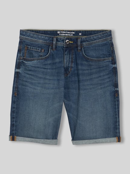 Produktfoto, Regular Fit Jeans Bermudas aus Baumwoll-Mix von Tom Tailor in Denim-Optik, 5-Pocket-Design, Label-Patch, Knopf-Reißverschluss, blaue Farbe, fein strukturierte Oberfläche