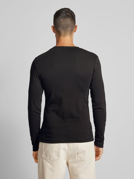 Lindbergh slim fit shirt met lange mouwen met geribde ronde hals Zwart - 5