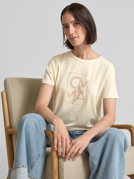 COMMA T-shirt z obszyciem kamieniami stras z logo Piaskowy 3