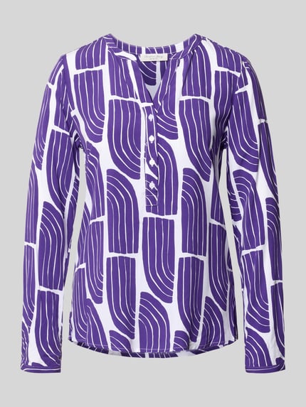Produktfoto, Wellen-Print Schlupfbluse aus Viskose von Christian Berg Woman, regular fit, paars en wit met golfpatroon, V-hals, dames, zuiver viscose, ruglengte maat 36: 66 cm, mouwlengte maat 36: 63 cm