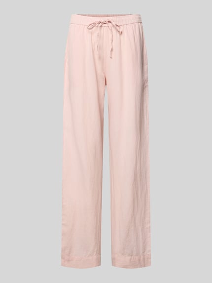 Produktfoto, Stoffhose mit Leinen-Anteil und Eingrifftaschen von Neo Noir in zartem Rosa, ausgestellter Schnitt, Baumwoll-Mix, Modell 'Sonar', elastischer Bund, Bundweite 36 cm und Innenbeinlänge 79 cm bei Größe 36, glatte Struktur, französische Eingrifftaschen