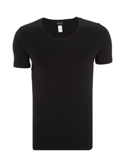 Produktfoto, T-Shirt mit geripptem Rundhalsausschnitt von Hanro aus schwarzem Baumwoll-Elasthan-Mix, Slim-Fit, glatte Oberfläche