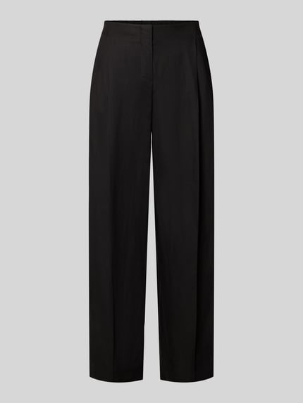 Produktfoto, schwarze Wide Fit Hose aus Viskose-Mix mit Leinen-Anteil Modell 'Cisilia' von Someday, Bundfalten, Bügelfalten, Haken- und Reißverschluss, Bundweite 43 cm, Innenbeinlänge 74 cm, Damen Hose, schlichtes Design, glatte Textur.