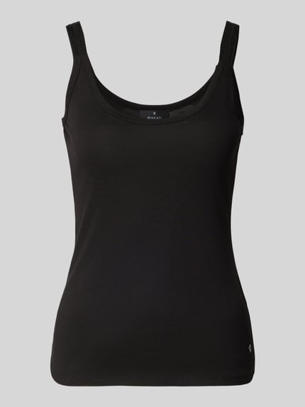 Produktfoto, schwarzes Tanktop mit Rundhalsausschnitt und Label-Detail von monari aus Baumwoll-Modal-Mix im Regular-Fit, Rückenlänge 47 cm bei Größe 36
