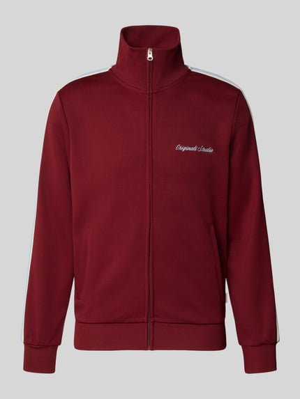Produktfoto, Sweatjacke mit Stehkragen Modell 'COTEDAZUR' von Jack & Jones in Bordeauxrot, Slim Fit, Label-Stitching, Reißverschluss, glatte Textur
