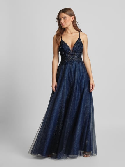 LUXUAR FASHION Avondjurk met siersteentjes Donkerblauw - 1