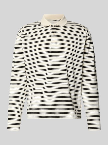 Produktfoto, Regular Fit Poloshirt mit Streifenmuster Modell 'CASSIS' van Jack & Jones, katoen, longsleeve, knoopsluiting, ruglengte maat M 66 cm, crème met zwarte strepen, zachte textuur