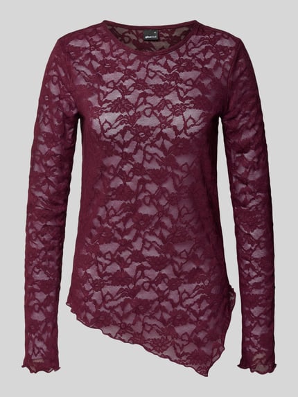 Produktfoto, Longsleeve aus Spitze von Gina Tricot in Bordeaux, Material-Mix mit Stretch-Anteil, Körpernaher-Schnitt, Rundhalsausschnitt, Rückenlänge Größe S: 52 cm, transparenter floraler Struktur.