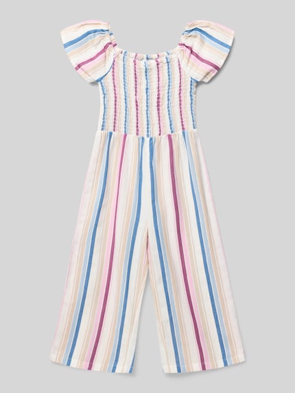 Produktfoto, Jumpsuit im Allover-Look von Happy Girls mit bunten Streifen, Smok-Details und Rundhalsausschnitt, lockere Passform, glatte Textur.