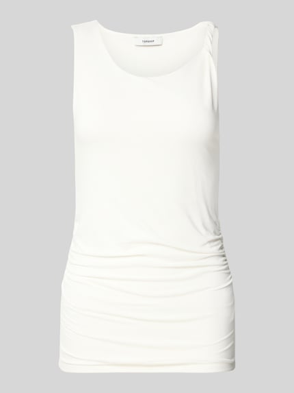 Produktfoto, weißes Trägertop mit Knotendetail, Slim Fit, Baumwoll-Elasthan-Mix, Modell 'KIA' von Topshop, Rückenlänge 58 cm