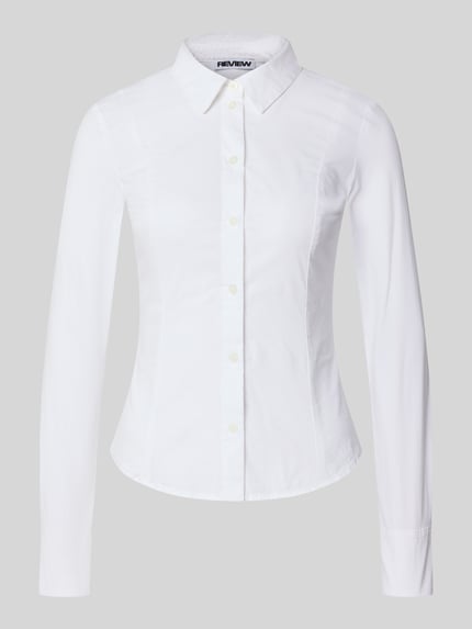 Produktfoto, witte Dames overhemdblouse met knoopsluiting van REVIEW, katoenmix met stretch, getailleerd model, overhemdkraag, afgeronde zoom, sportmanchetten, mouwlengte maat S 55 cm