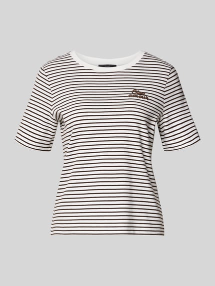Produktfoto, T-Shirt mit Stitching von Oui, Damen T-Shirt aus Reine Baumwolle, Regular-Fit, Rundhalsausschnitt, Rückenlänge 55 cm, Größe 36, weiß mit schwarzen Streifen
