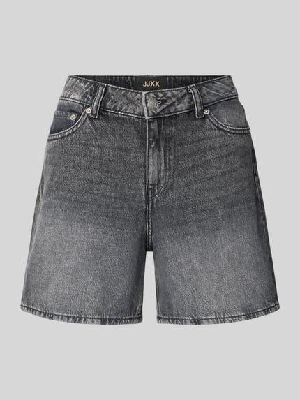 Produktfoto, Shorts in Denim-Optik Modell 'Seville' von JJXX, Reine Baumwolle, 5-Pocket-Design, Knopf- und Reißverschluss, leicht ausgestellte Passform, graue Struktur und Waschung, Bundweite bei Größe S: 39 cm, Innenbeinlänge: 13 cm.