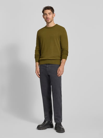 Marc O'Polo Sweter z dzianiny o kroju regular fit z mieszanki bawełny i żywej wełny Oliwkowy 1