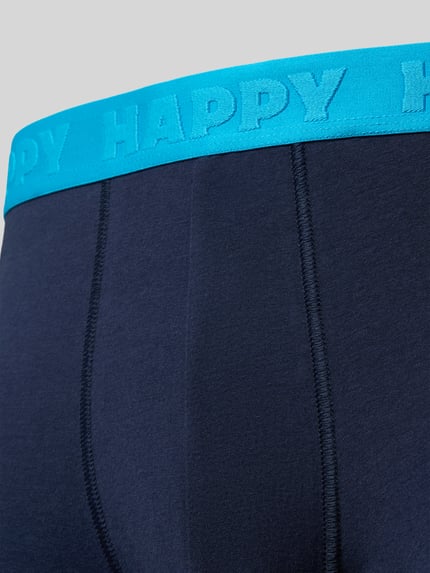 Produktfoto, Trunks mit elastischem Bund im 3er-Pack von Happy Socks, dunkelblauer Baumwoll-Elasthan-Mix mit türkisfarbenem Bund, körpernahe Passform