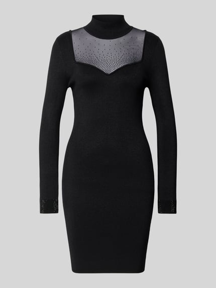 Produktfoto, Slim Fit Jurk uit viscosemix met siersteentjes Model 'Lucy' van Guess, zwart, semi-transparant, met lange mouwen, opstaande kraag