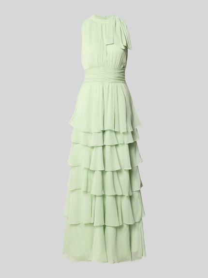 Produktfoto, Abendkleid mit Volantsaum Modell 'MARLI' von Neo Noir in zartem Grün, Chiffon, Maxikleid, taillierter Schnitt, feine Textur