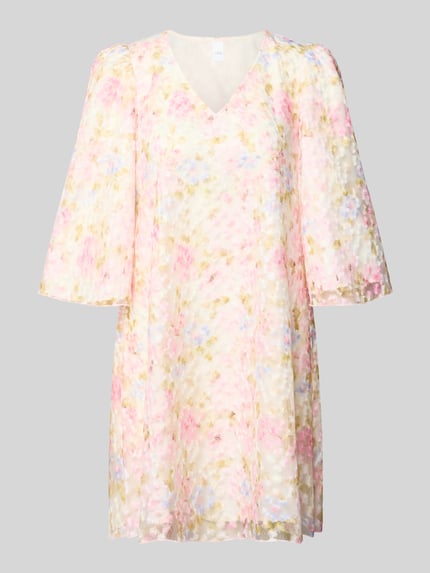Produktfoto, Cocktailkleid mit V-Ausschnitt Modell 'LEANNA' von YAS, Damen A-Linie, florales Minikleid, 3/4-Arm, strukturierte Textur, Pastellfarben