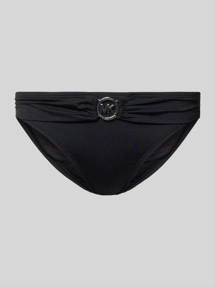 Produktfoto, schwarzer Bikini-Slip mit Logo Modell 'SOLIDS' von Michael Kors, Material-Mix mit Stretch-Anteil, körpernahe Passform