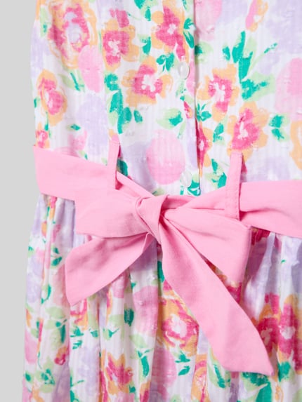 Productfoto, Regular Fit Kleid mit floralem Allover-Print van Happy Girls, katoen, kleurrijk bloemenpatroon, roze strik, plooien, ronde hals