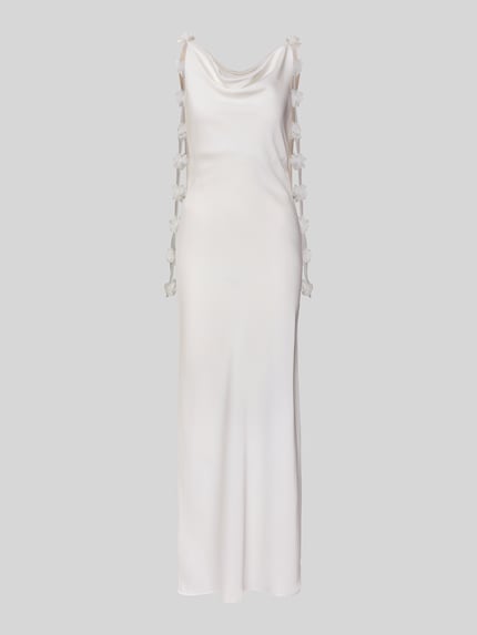 Produktfoto, Fließendes Brautkleid aus Satin Modell 'ANALEIA' van Vero Moda, effen kleuren, pasvorm: fließend, midilengte, vierkante hals, applicatie: bindebanden met mesh-bloemen, zonder sluiting, verstelbare spaghettibandjes, rugdecolleté, rechte zoom, materiaalverwerking: satijn