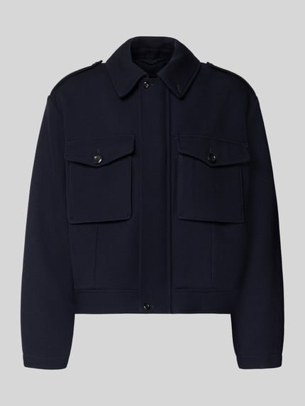 Produktfoto, Jacke aus Viskose-Mix von Emporio Armani in Dunkelblau, gerade Passform, Umlegekragen, Brust- und Eingrifftaschen, grobe Textur