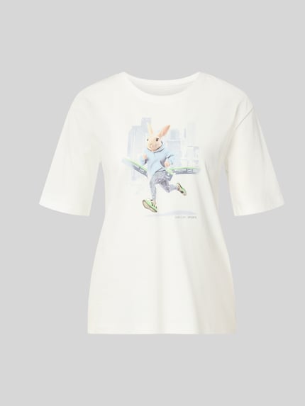 Produktfoto, t-shirt met motiefprint van Marc Cain in gebroken wit, los model, puur katoen, ronde hals, ruglengte maat 36: 57 cm