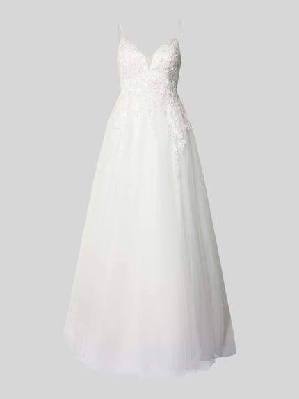 Productfoto, Brautkleid mit Details aus Spitze van LUXUAR FASHION, wit, taillering, V-hals, kantdetails, sierstenen, uniform kleur