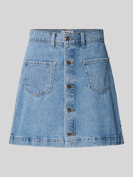 Produktfoto, Schmaler Jeansrock aus reiner Baumwolle Modell 'AMAZING' von Only in denimlook mit contrastnaden, riemlussen, knoopsluiting, opgestikte zakken, minilengte, puur katoen