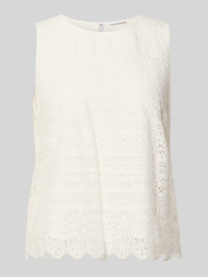 Productfoto, blusentop uit kant met ronde hals van comma, dames, katoenmix, regular fit, ruglengte maat 36: 52 cm, fijn textuur, crème.
