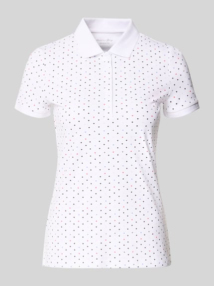 Produktfoto, Slim Fit Poloshirt met mix van katoen en elastaan van Christian Berg Woman, polokraag, met korte mouwen, effen wit met kleine gekleurde stippen, ruglengte bij maat S 61 cm