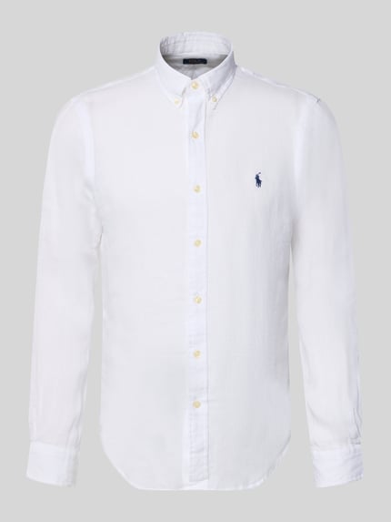 Produktfoto, weißes Slim Fit Freizeithemd aus reinem Leinen von Polo Ralph Lauren aus Flammgarn mit Button-Down-Kragen und Logo-Detail.