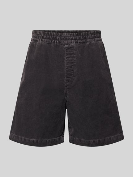 Produktfoto, Jeansshorts mit elastischem Bund Modell 'Reynold' von Carhartt Work In Progress in Dunkelgrau, Relaxed-Fit, Reine Baumwolle, strukturierte Oberfläche, Bundweite 41 cm, Innenbeinlänge 18 cm.