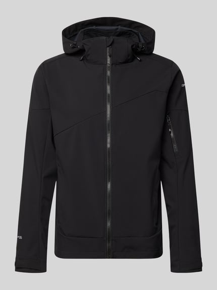 Produktfoto, schwarze Regular-Fit Herren Jacke mit Kapuze, Stehkragen, Armtasche, Eingrifftaschen, Reißverschluss, Logo-Print, Modell 'BARMSTEDT' von Icepeak, Rückenlänge 78 cm, Schulterbreite 43 cm, Brustweite 54 cm, Ärmellänge 71 cm, glatte Struktur