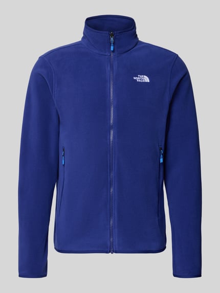 Produktfoto, blaue Fleecejacke mit Logo-Stitching und Stehkragen Modell 'GLACI' von The North Face, gerader Schnitt, Frontansicht
