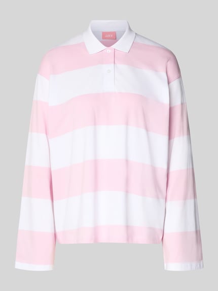 Produktfoto, Relaxed Fit Poloshirt aus reiner Baumwolle Modell 'VILMA' von JJXX, roze-wit gestreept met polokraag en lange mouwen, dames.
