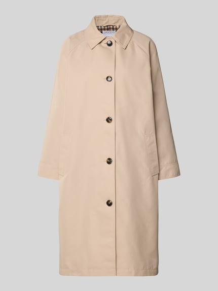 Produktfoto, Taillierter Trenchcoat mit Innenmuster von Jake*s Collection, beige, Material-Mix mit Woll-Anteil, Knopfleiste, Hemdblusenkragen, Taillengürtel, Eingrifftaschen.