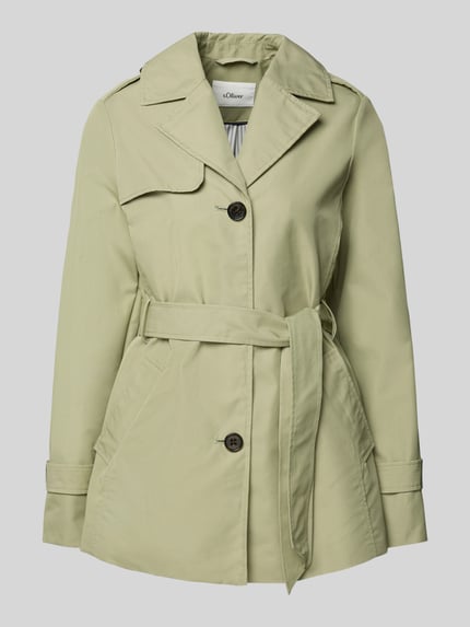 Produktfoto, Regular Fit Trenchcoat aus Baumwoll-Mix von s.Oliver RED LABEL in effen lichtgroen, reverskraag, enkelvoudige knoopsluiting, bindriem, cropped lengte, twillstructuur, waterafstotend