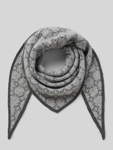 Produktfoto, Schal mit spitz zulaufender Form von SOYACONCEPT in grauer Jacquard-Strickoptik mit geometrischem Allover-Muster und Melange-Effekt