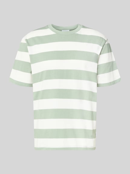 Produktfoto, Oversized T-Shirt mit Rundhalsausschnitt von Lindbergh in Grün und Weiß mit Streifenmuster aus reiner Baumwolle.