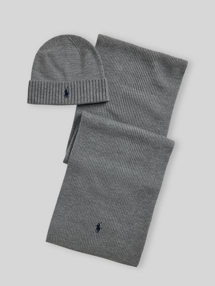 Polo Ralph Lauren Mütze und Schal im Set aus reiner Wolle Mittelgrau 1