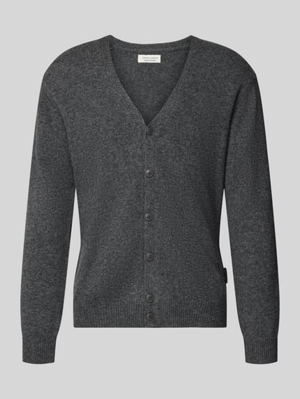 Produktfoto, Cardigan mit V-Ausschnitt Modell 'KARL' von Casual Friday in Dunkelgrau, Knopfleiste, Baumwoll-Mix, Regular Fit, glatte Struktur