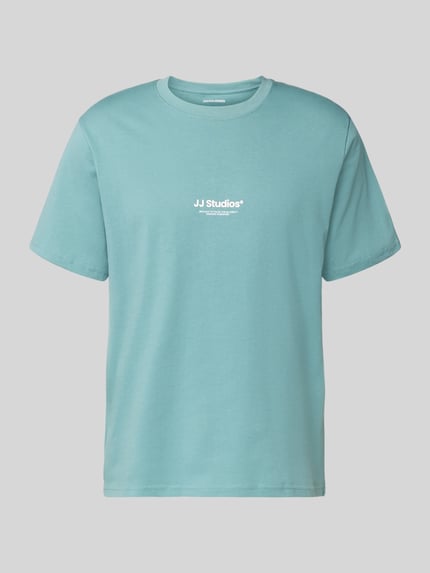 Productfoto, T-Shirt met logo en ronde hals van Jack & Jones, regular fit, turquoise kleur, zuiver biologische katoen, ruglengte maat M 68 cm