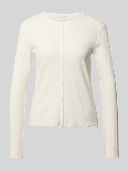 Productfoto, Shaped Fit Langarmshirt aus Baumwoll-Mix van Tom Tailor Denim, effen kleur, gestreepte structuur, ronde hals, jacquard, frill aan mouw- en zoomafwerking, labelstiksel