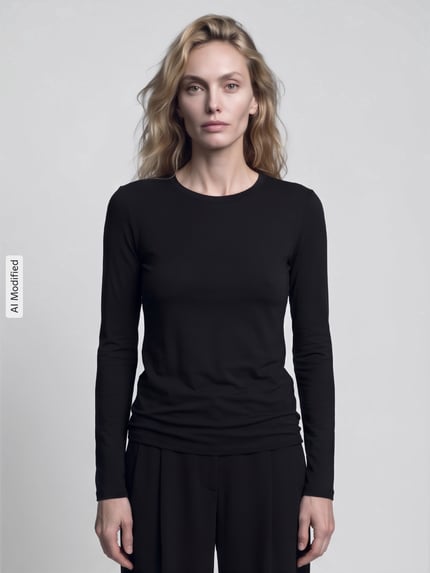 Frauenmodel trägt Regular Fit Langarmshirt aus Viskose-Mix Modell 'MULTIE' von Max Mara, schlichtes Schwarz, glatte Struktur, Damen Langarmshirt von Weekend Max Mara, Ganzkörperansicht von vorne, KI-modifiziertes Bild.
